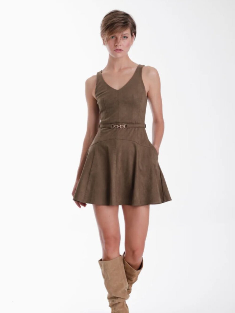 Karina Grimaldi Hanna Suede Mini Dress NWT Olive Green